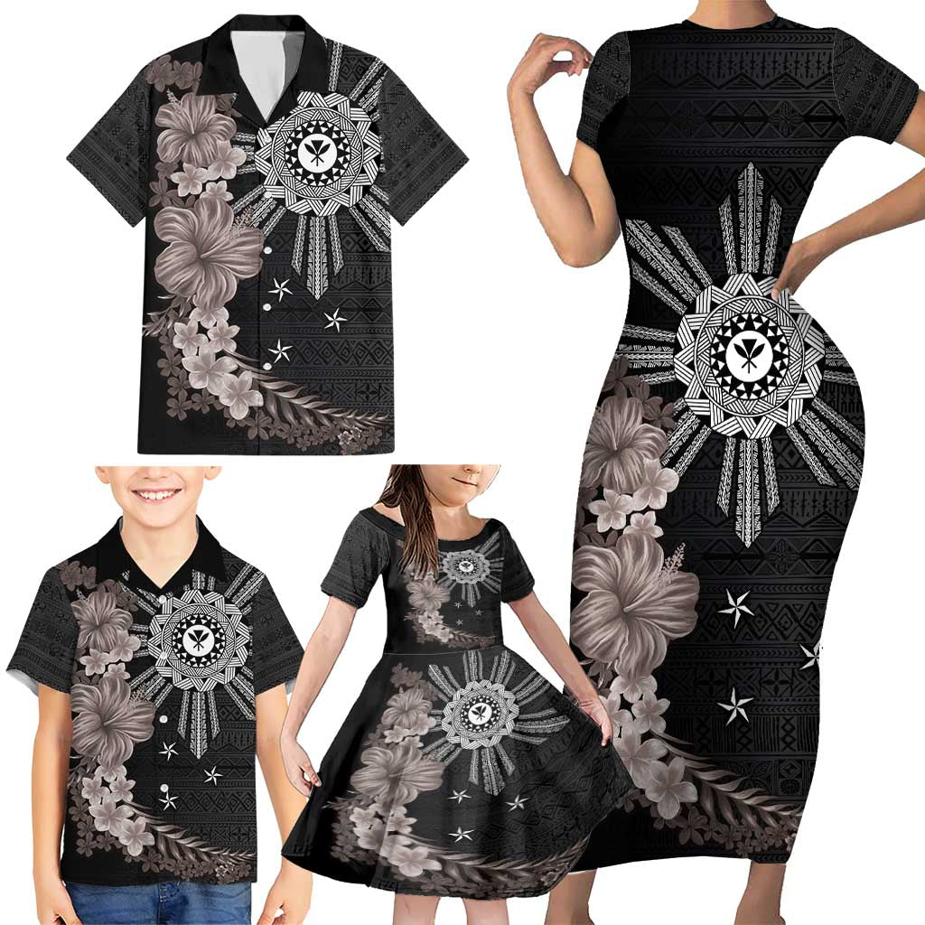 Hawaii and Philippines Together Family Matching Short Sleeve Bodycon Dress and Hawaiian Shirt Hibiscus Flower and Sun Badge Polynesian Pattern Grayscale LT03 - Polynesian Pride