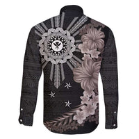 Hawaii and Philippines Together Family Matching Short Sleeve Bodycon Dress and Hawaiian Shirt Hibiscus Flower and Sun Badge Polynesian Pattern Grayscale