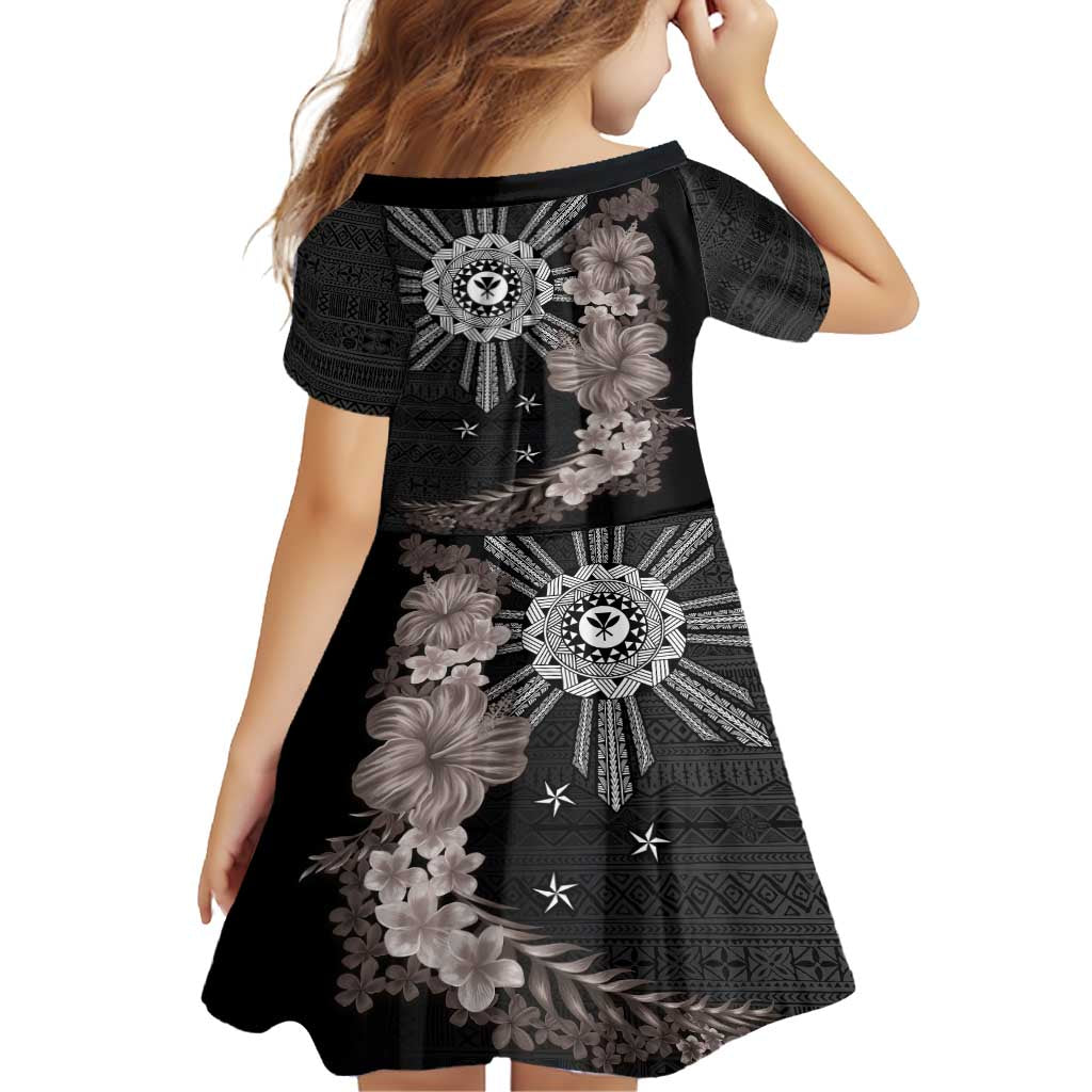 Hawaii and Philippines Together Family Matching Summer Maxi Dress and Hawaiian Shirt Hibiscus Flower and Sun Badge Polynesian Pattern Grayscale LT03 - Polynesian Pride