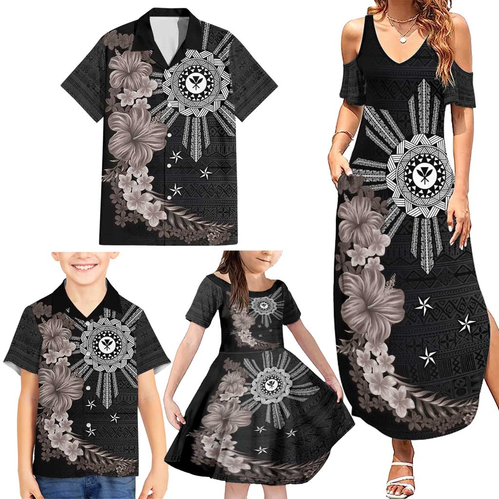 Hawaii and Philippines Together Family Matching Summer Maxi Dress and Hawaiian Shirt Hibiscus Flower and Sun Badge Polynesian Pattern Grayscale LT03 - Polynesian Pride