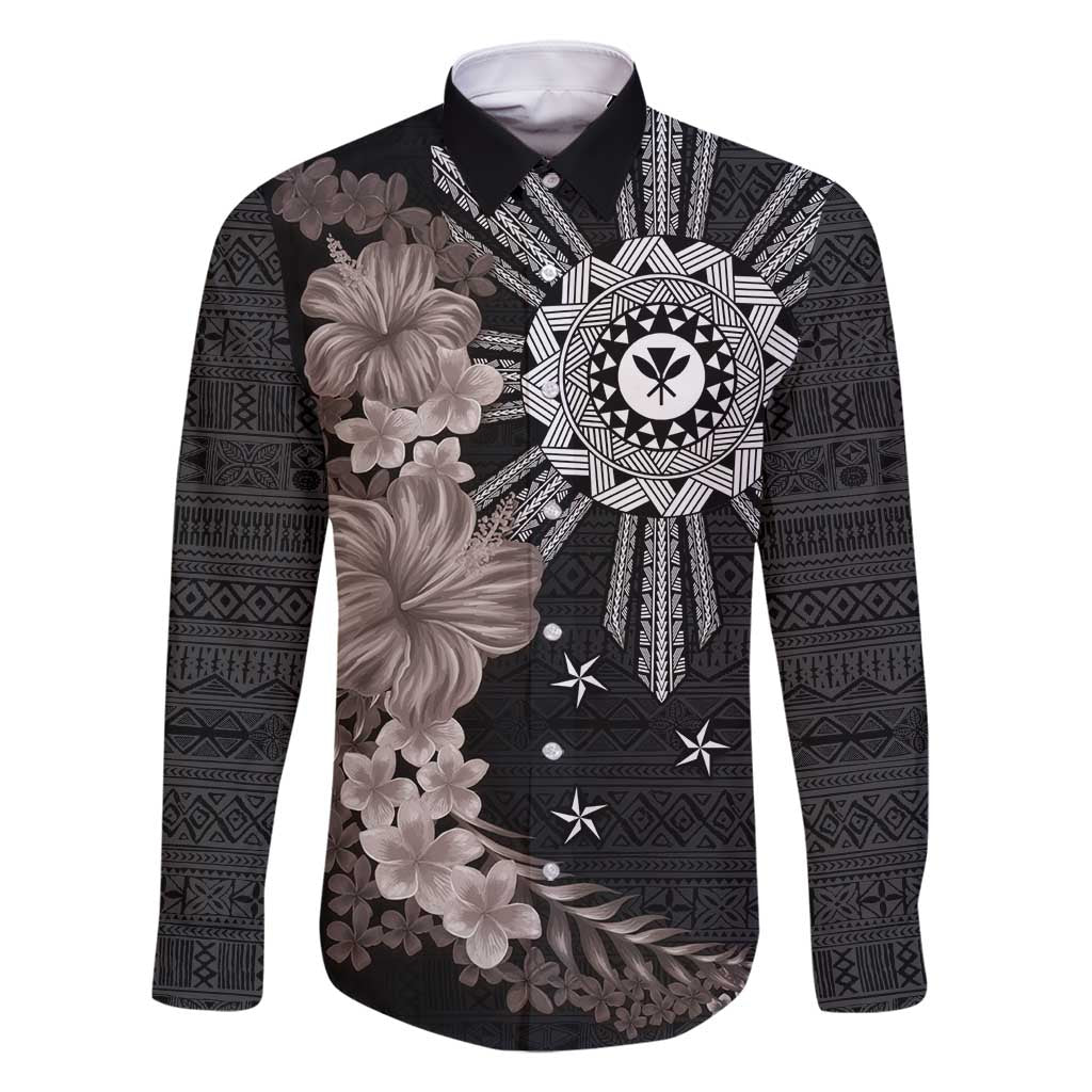 Hawaii and Philippines Together Family Matching Summer Maxi Dress and Hawaiian Shirt Hibiscus Flower and Sun Badge Polynesian Pattern Grayscale LT03 Dad's Shirt - Long Sleeve Black - Polynesian Pride