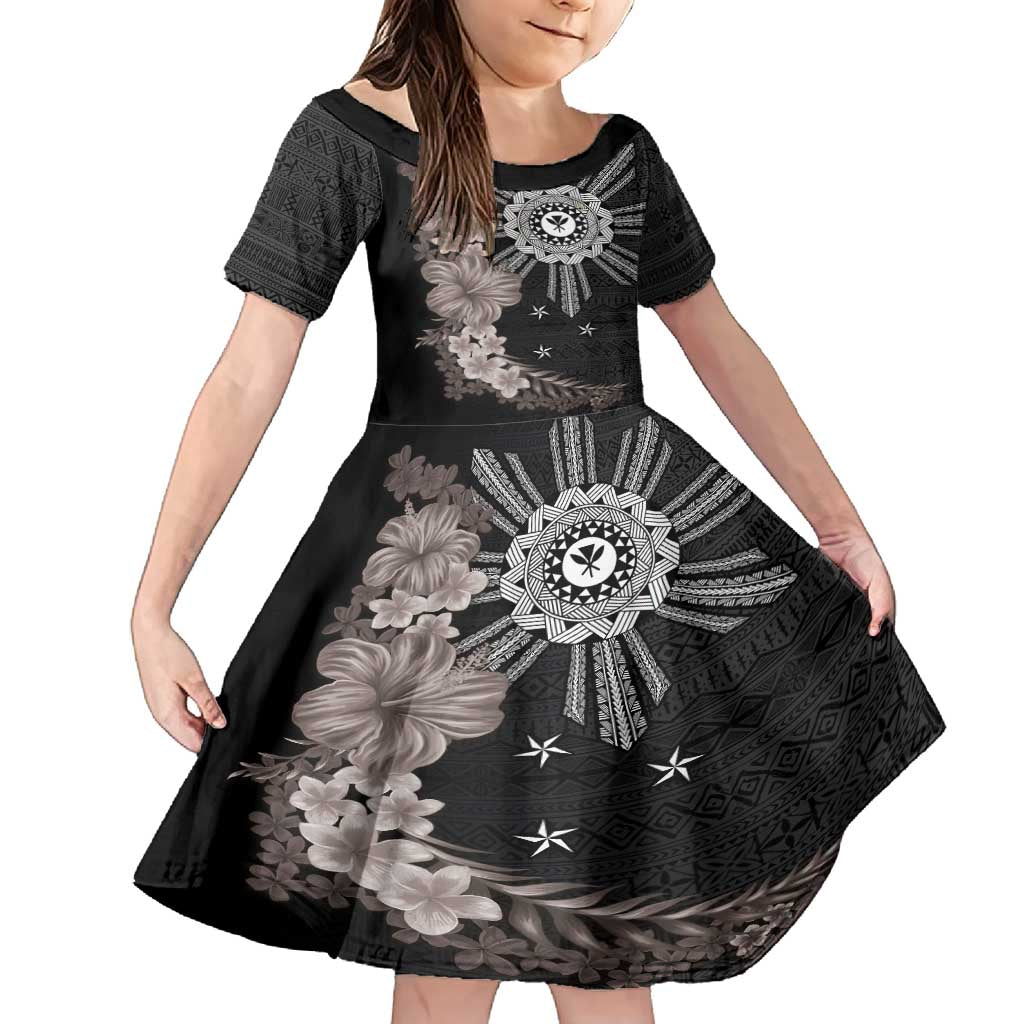 Hawaii and Philippines Together Family Matching Tank Maxi Dress and Hawaiian Shirt Hibiscus Flower and Sun Badge Polynesian Pattern Grayscale LT03 Daughter's Dress Black - Polynesian Pride