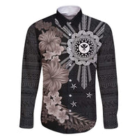 Hawaii and Philippines Together Family Matching Tank Maxi Dress and Hawaiian Shirt Hibiscus Flower and Sun Badge Polynesian Pattern Grayscale LT03 Dad's Shirt - Long Sleeve Black - Polynesian Pride