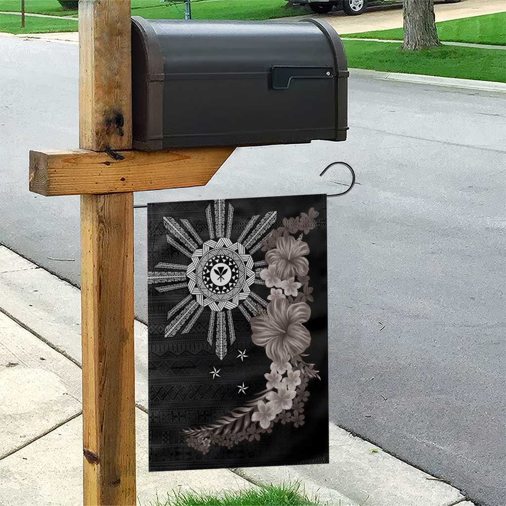 Hawaii and Philippines Together Garden Flag Hibiscus Flower and Sun Badge Polynesian Pattern Grayscale