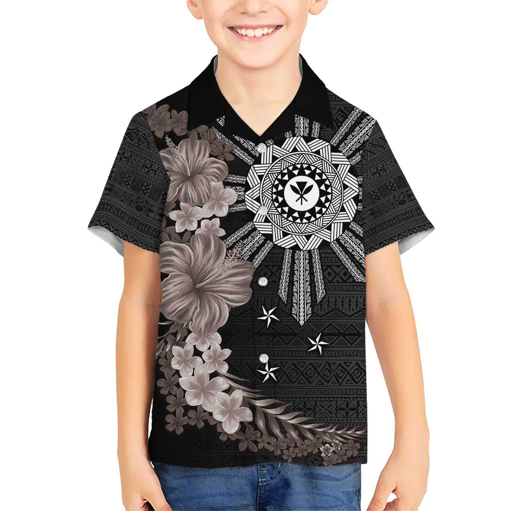 Hawaii and Philippines Together Kid Hawaiian Shirt Hibiscus Flower and Sun Badge Polynesian Pattern Grayscale