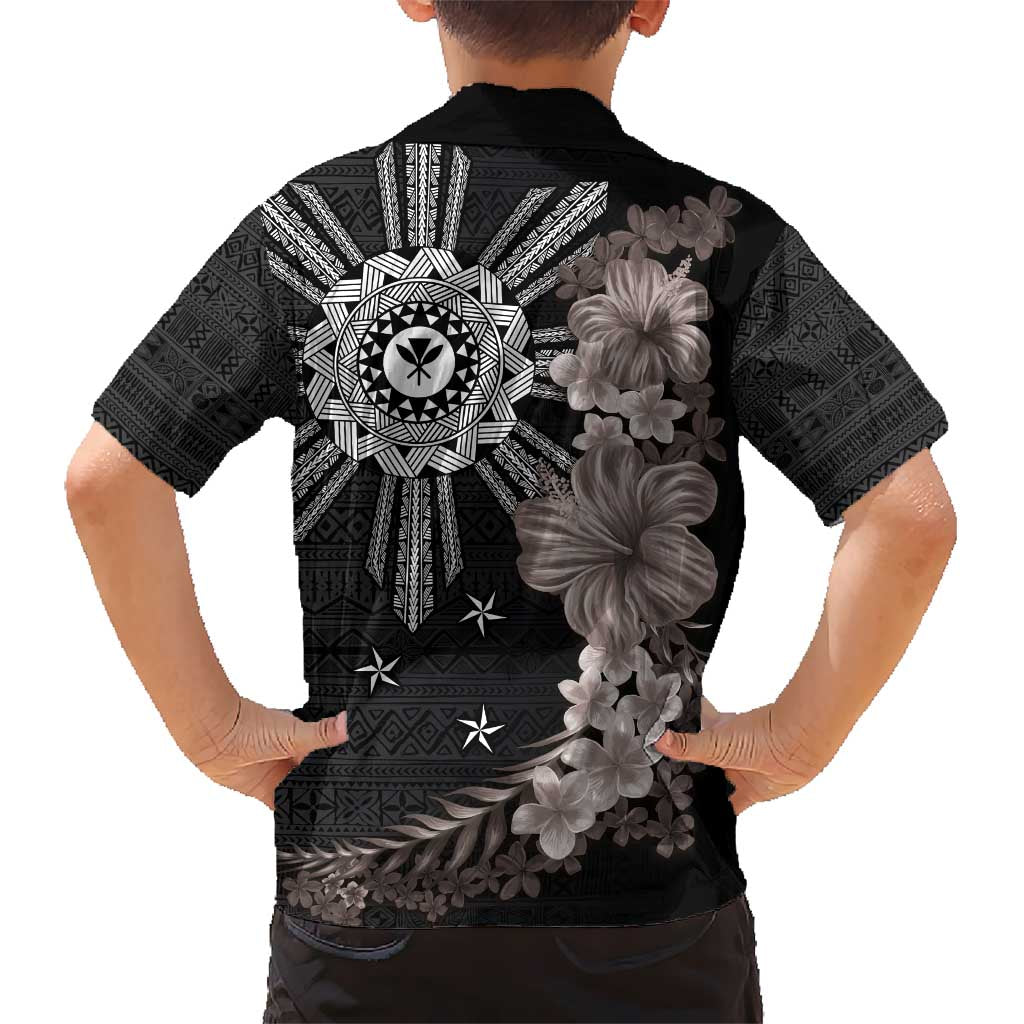 Hawaii and Philippines Together Kid Hawaiian Shirt Hibiscus Flower and Sun Badge Polynesian Pattern Grayscale