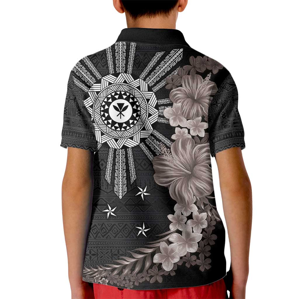 Hawaii and Philippines Together Kid Polo Shirt Hibiscus Flower and Sun Badge Polynesian Pattern Grayscale