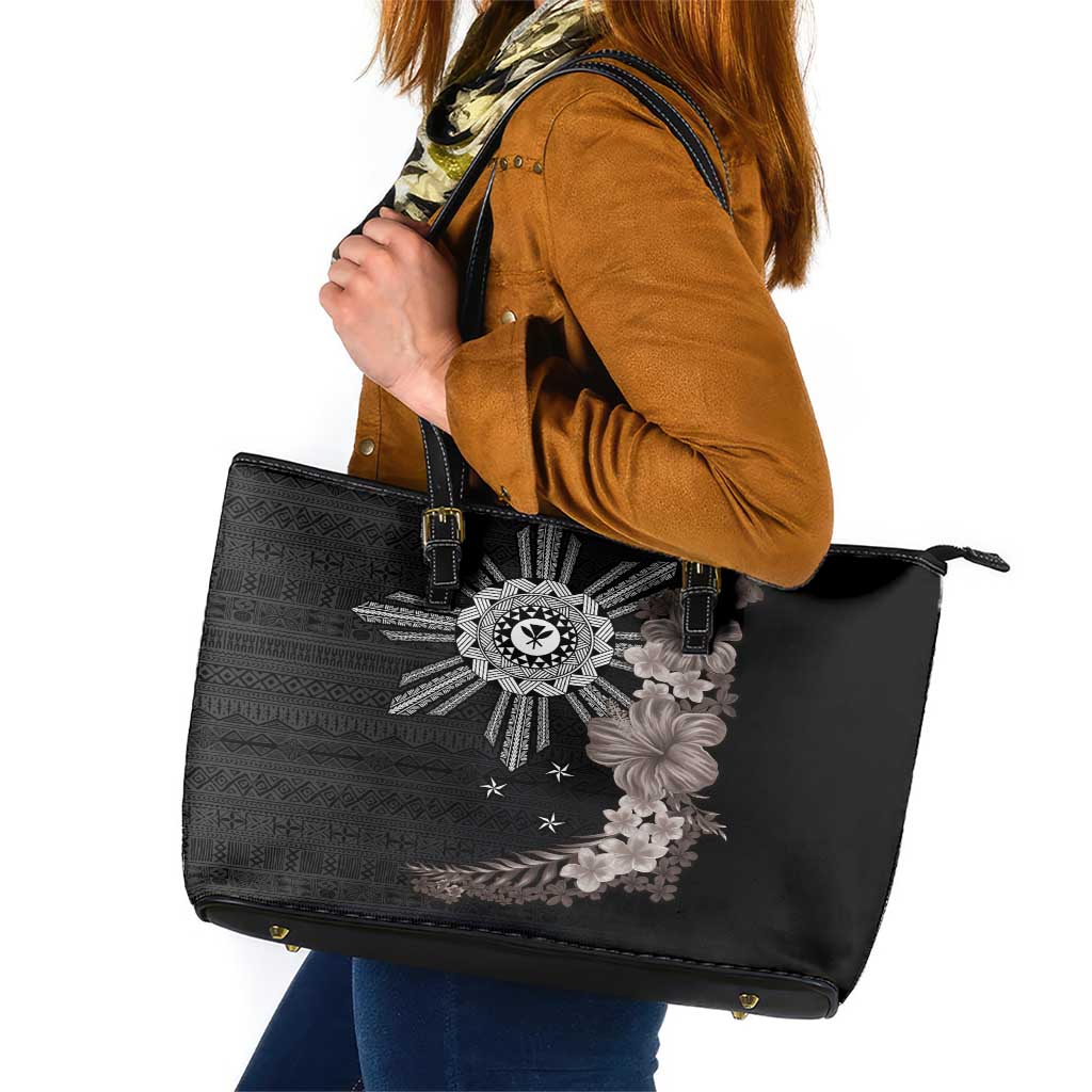 Hawaii and Philippines Together Leather Tote Bag Hibiscus Flower and Sun Badge Polynesian Pattern Grayscale LT03 Black - Polynesian Pride