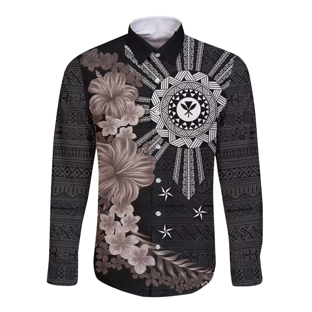 Hawaii and Philippines Together Long Sleeve Button Shirt Hibiscus Flower and Sun Badge Polynesian Pattern Grayscale LT03 Unisex Black - Polynesian Pride
