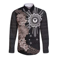 Hawaii and Philippines Together Long Sleeve Button Shirt Hibiscus Flower and Sun Badge Polynesian Pattern Grayscale LT03 Unisex Black - Polynesian Pride