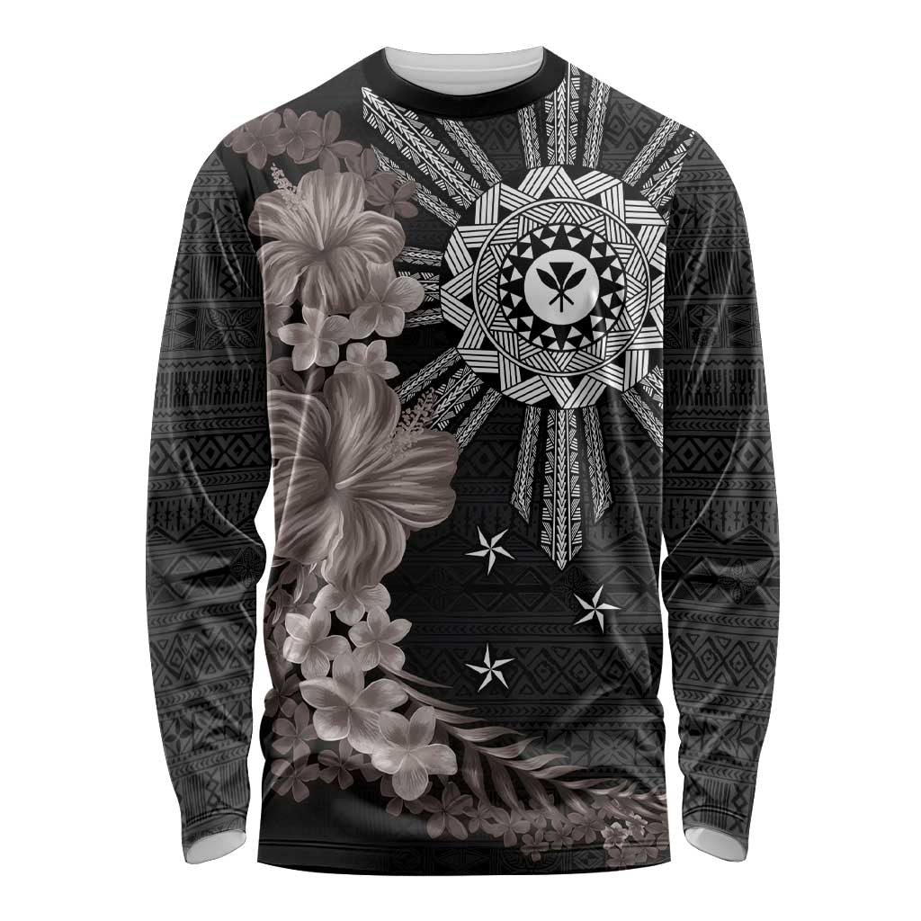 Hawaii and Philippines Together Long Sleeve Shirt Hibiscus Flower and Sun Badge Polynesian Pattern Grayscale LT03 Unisex Black - Polynesian Pride