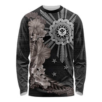 Hawaii and Philippines Together Long Sleeve Shirt Hibiscus Flower and Sun Badge Polynesian Pattern Grayscale LT03 Unisex Black - Polynesian Pride