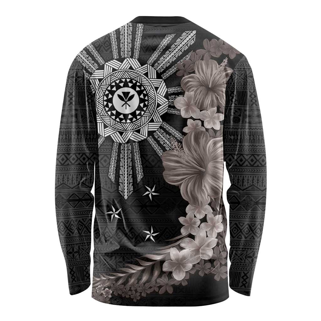 Hawaii and Philippines Together Long Sleeve Shirt Hibiscus Flower and Sun Badge Polynesian Pattern Grayscale LT03 - Polynesian Pride