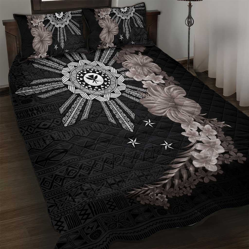 Hawaii and Philippines Together Quilt Bed Set Hibiscus Flower and Sun Badge Polynesian Pattern Grayscale LT03 Black - Polynesian Pride