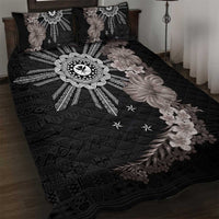Hawaii and Philippines Together Quilt Bed Set Hibiscus Flower and Sun Badge Polynesian Pattern Grayscale LT03 Black - Polynesian Pride