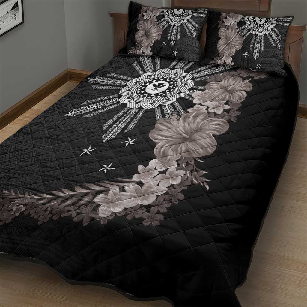 Hawaii and Philippines Together Quilt Bed Set Hibiscus Flower and Sun Badge Polynesian Pattern Grayscale LT03 - Polynesian Pride