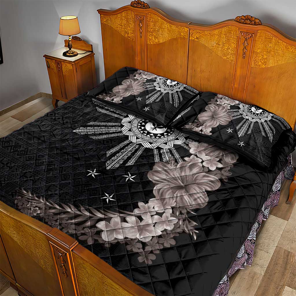 Hawaii and Philippines Together Quilt Bed Set Hibiscus Flower and Sun Badge Polynesian Pattern Grayscale LT03 - Polynesian Pride