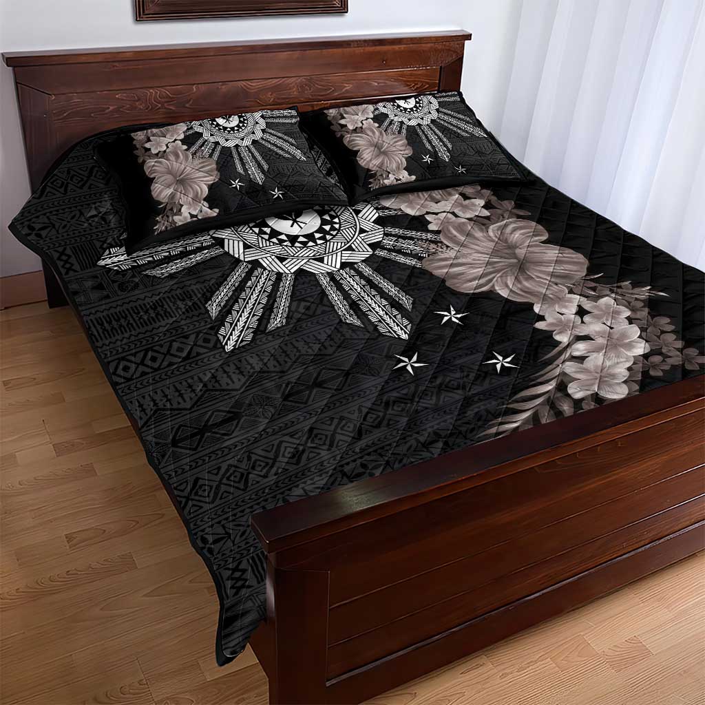 Hawaii and Philippines Together Quilt Bed Set Hibiscus Flower and Sun Badge Polynesian Pattern Grayscale LT03 - Polynesian Pride