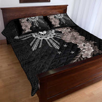 Hawaii and Philippines Together Quilt Bed Set Hibiscus Flower and Sun Badge Polynesian Pattern Grayscale LT03 - Polynesian Pride