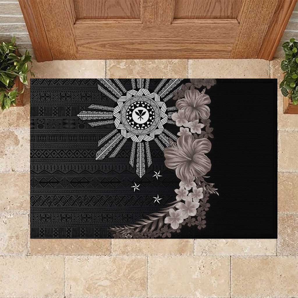Hawaii and Philippines Together Rubber Doormat Hibiscus Flower and Sun Badge Polynesian Pattern Grayscale LT03 Black - Polynesian Pride