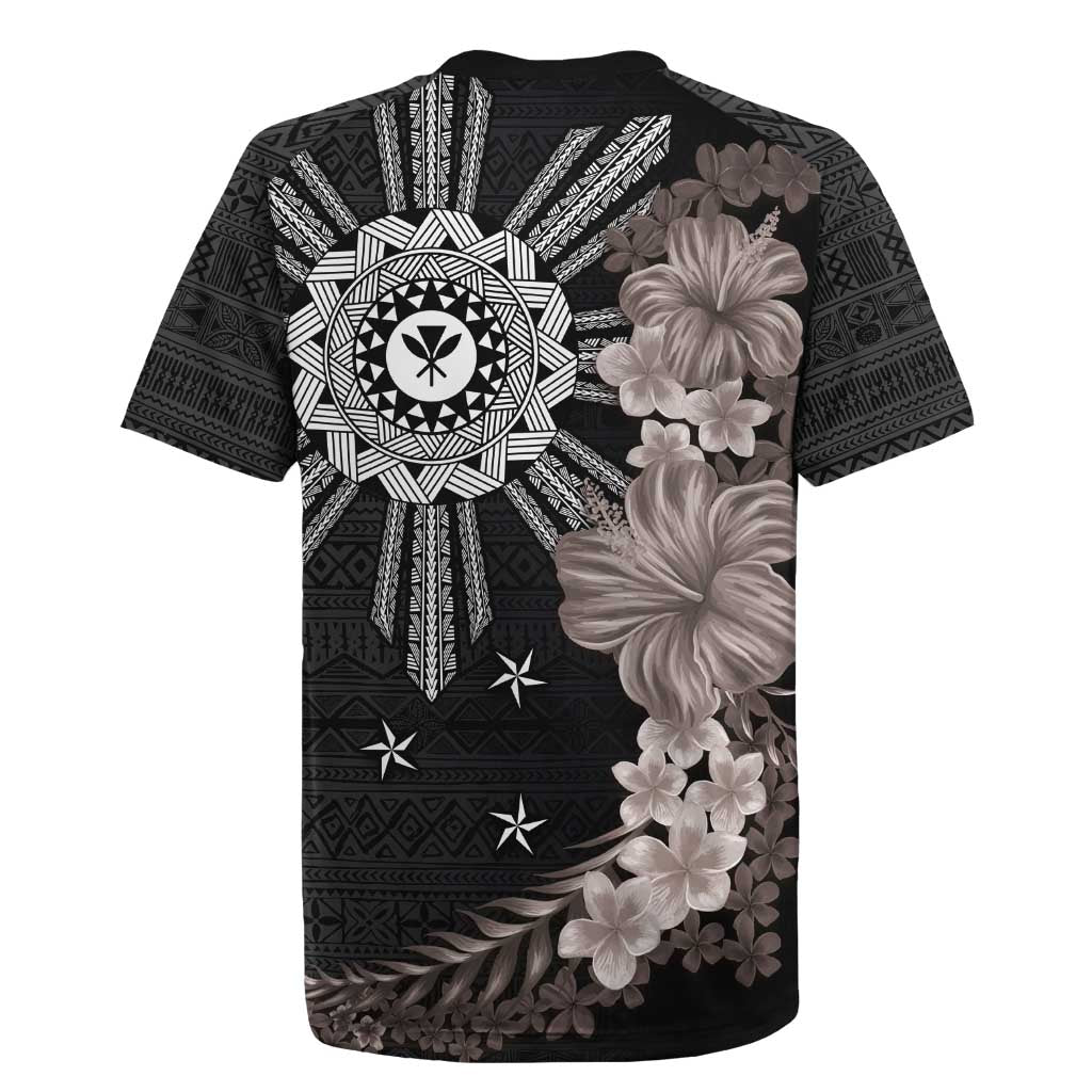 Hawaii and Philippines Together Rugby Jersey Hibiscus Flower and Sun Badge Polynesian Pattern Grayscale