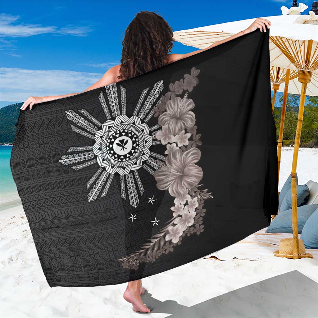 Hawaii and Philippines Together Sarong Hibiscus Flower and Sun Badge Polynesian Pattern Grayscale LT03 One Size 44 x 66 inches Black - Polynesian Pride