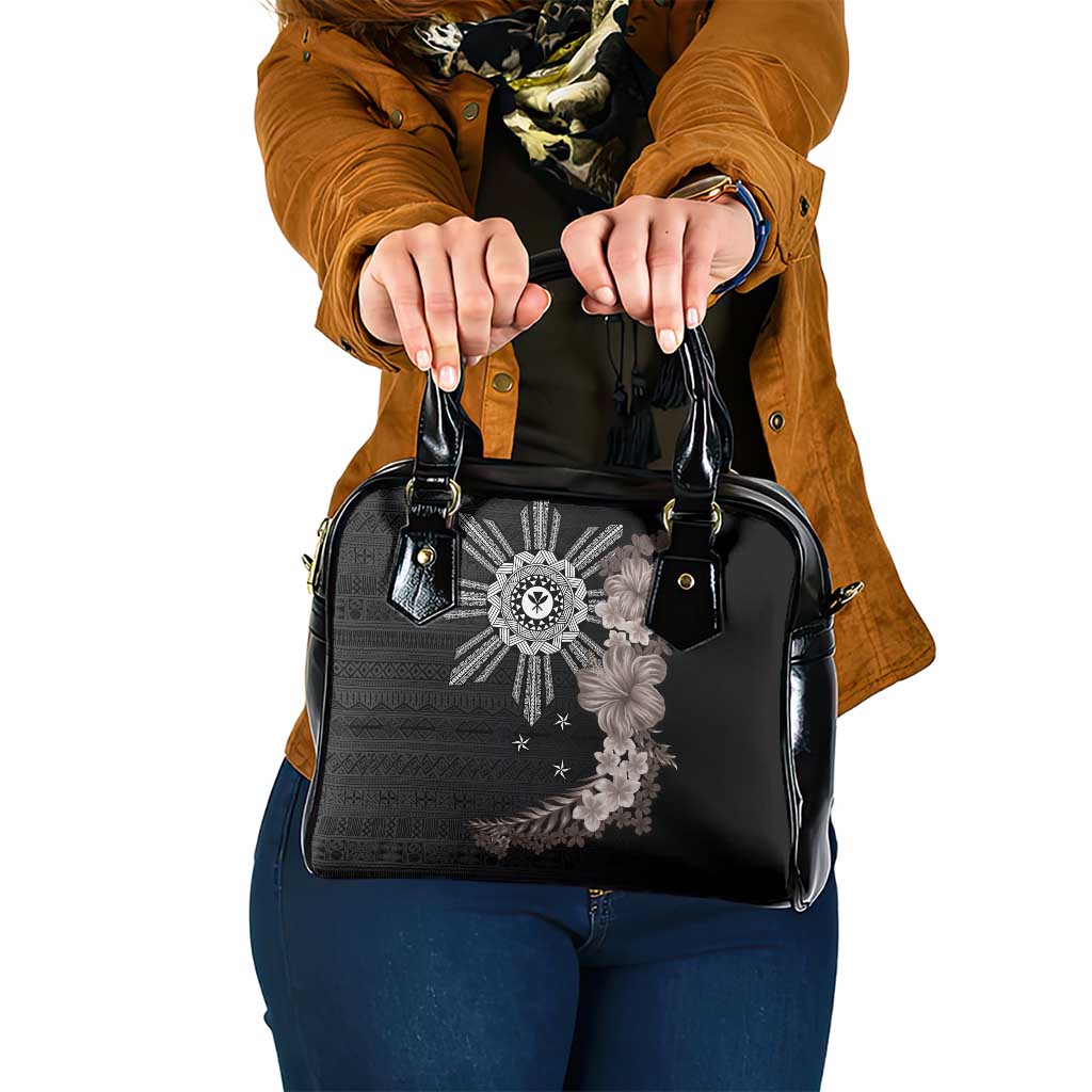 Hawaii and Philippines Together Shoulder Handbag Hibiscus Flower and Sun Badge Polynesian Pattern Grayscale LT03 One Size Black - Polynesian Pride