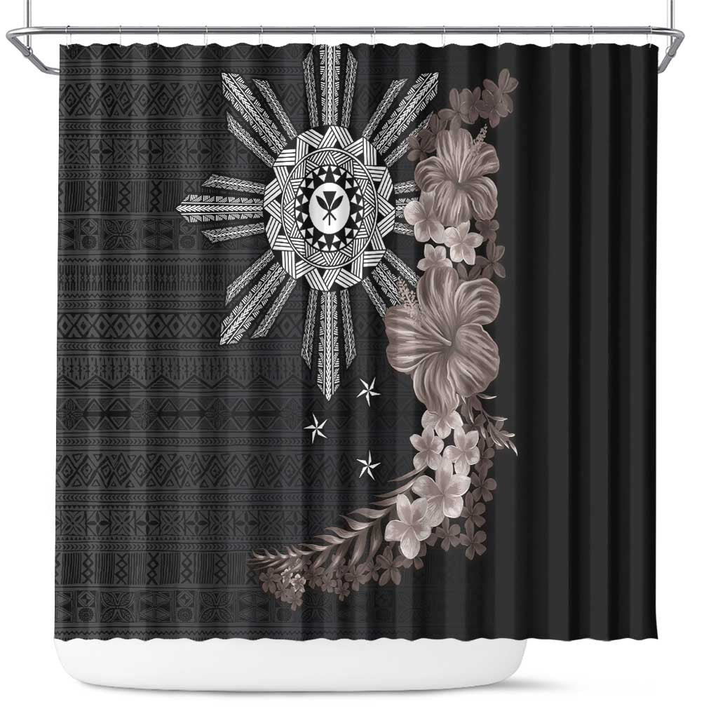 Hawaii and Philippines Together Shower Curtain Hibiscus Flower and Sun Badge Polynesian Pattern Grayscale LT03 Black - Polynesian Pride