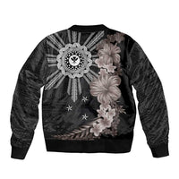 Hawaii and Philippines Together Sleeve Zip Bomber Jacket Hibiscus Flower and Sun Badge Polynesian Pattern Grayscale