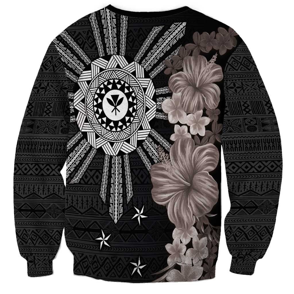 Hawaii and Philippines Together Sweatshirt Hibiscus Flower and Sun Badge Polynesian Pattern Grayscale