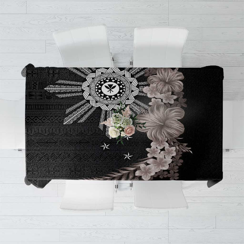 Hawaii and Philippines Together Tablecloth Hibiscus Flower and Sun Badge Polynesian Pattern Grayscale LT03 Black - Polynesian Pride