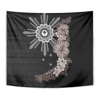 Hawaii and Philippines Together Tapestry Hibiscus Flower and Sun Badge Polynesian Pattern Grayscale
