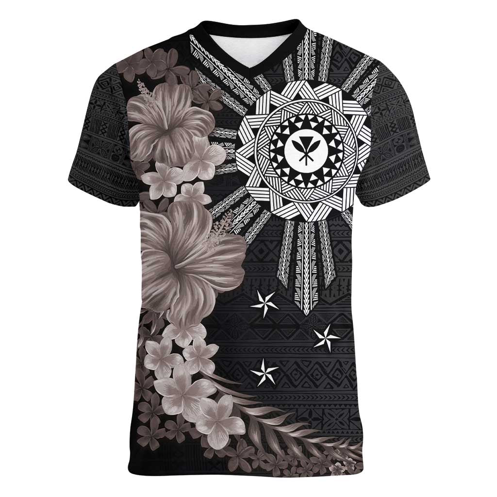 Hawaii and Philippines Together Women V-Neck T-Shirt Hibiscus Flower and Sun Badge Polynesian Pattern Grayscale LT03 Female Black - Polynesian Pride