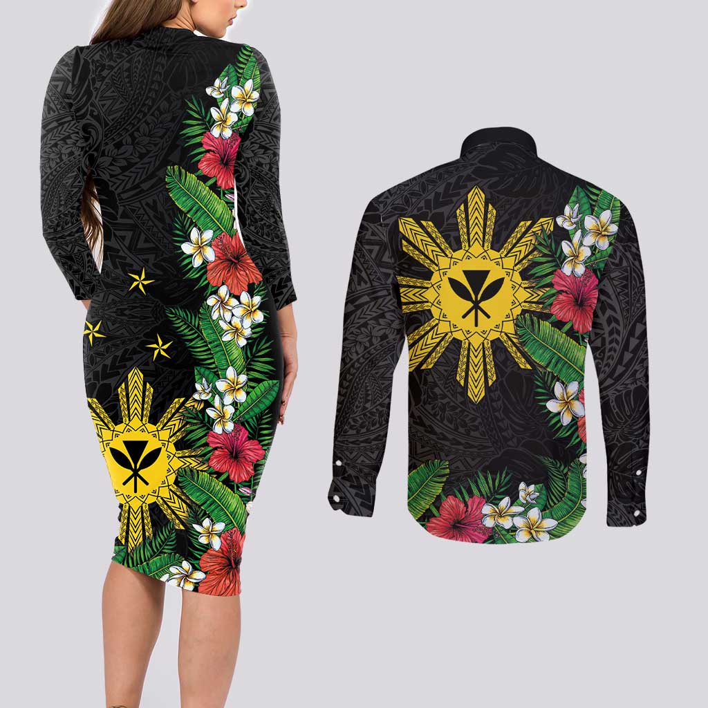 Tropical Hawaii and Philippines Couples Matching Long Sleeve Bodycon Dress and Long Sleeve Button Shirt Kanaka Maoli and Sun Badge Batok Tattoo Colorful