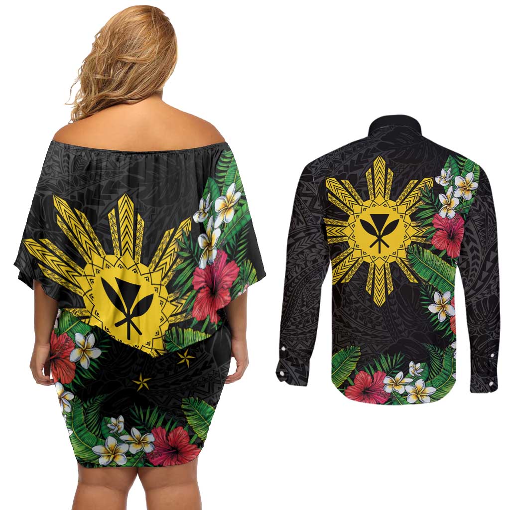 Tropical Hawaii and Philippines Couples Matching Off Shoulder Short Dress and Long Sleeve Button Shirt Kanaka Maoli and Sun Badge Batok Tattoo Colorful