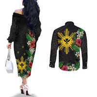 Tropical Hawaii and Philippines Couples Matching Off The Shoulder Long Sleeve Dress and Long Sleeve Button Shirt Kanaka Maoli and Sun Badge Batok Tattoo Colorful