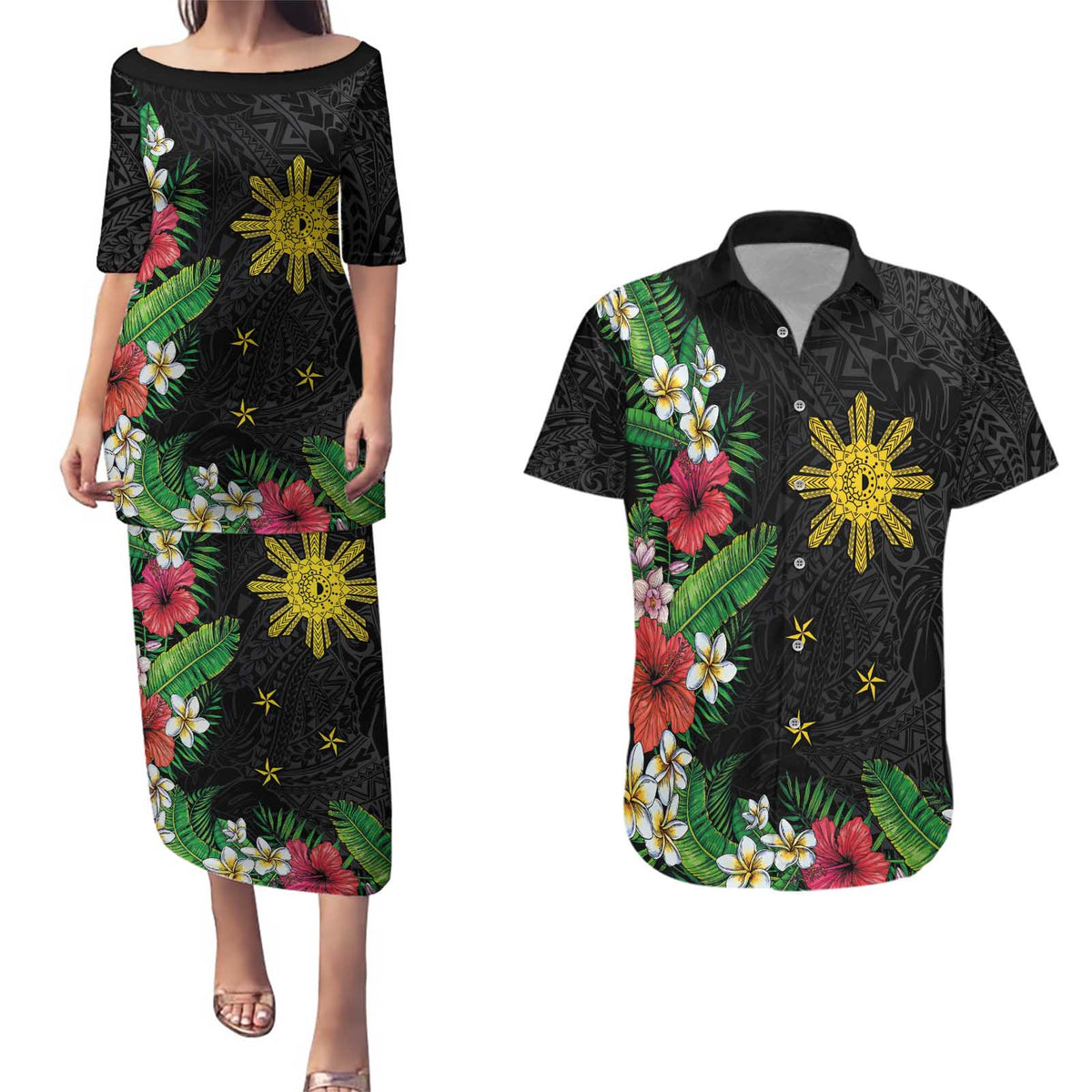 Tropical Hawaii and Philippines Couples Matching Puletasi and Hawaiian Shirt Kanaka Maoli and Sun Badge Batok Tattoo Colorful