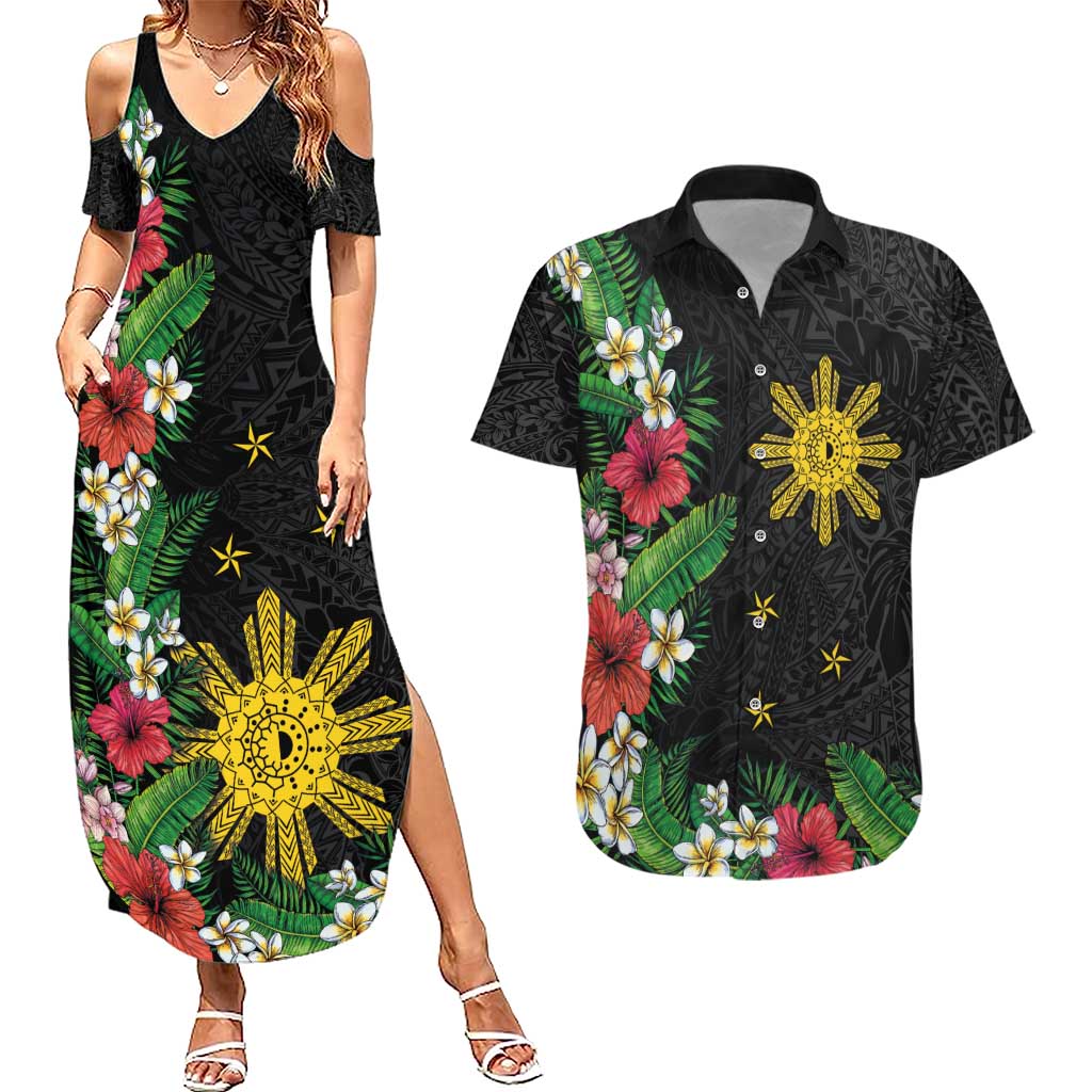 Tropical Hawaii and Philippines Couples Matching Summer Maxi Dress and Hawaiian Shirt Kanaka Maoli and Sun Badge Batok Tattoo Colorful
