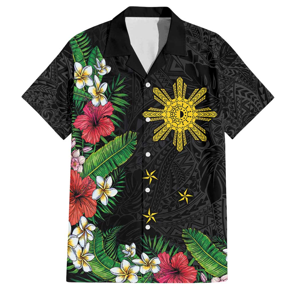 Tropical Hawaii and Philippines Family Matching Long Sleeve Bodycon Dress and Hawaiian Shirt Kanaka Maoli and Sun Badge Batok Tattoo Colorful LT03 Dad's Shirt - Short Sleeve Black - Polynesian Pride