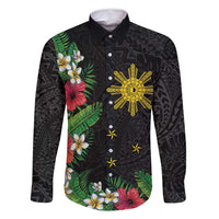 Tropical Hawaii and Philippines Family Matching Long Sleeve Bodycon Dress and Hawaiian Shirt Kanaka Maoli and Sun Badge Batok Tattoo Colorful LT03 Dad's Shirt - Long Sleeve Black - Polynesian Pride