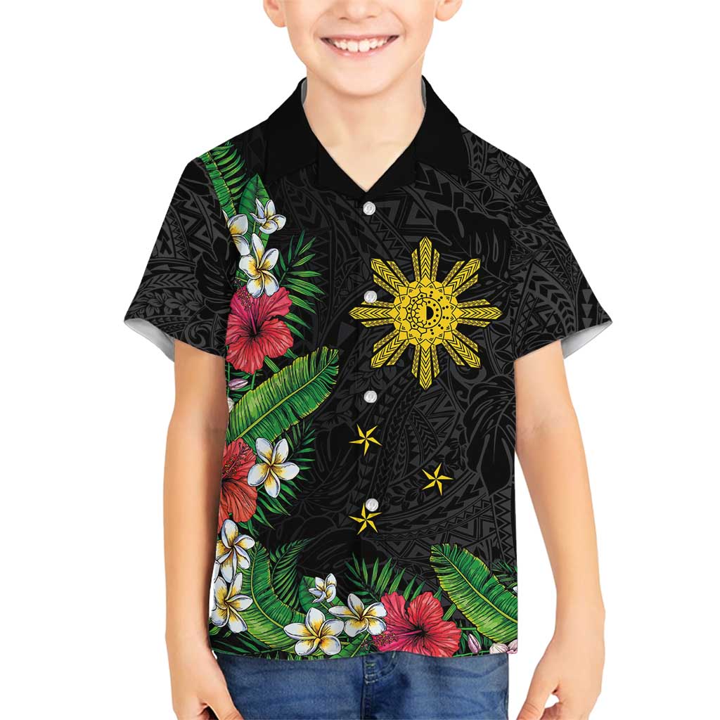 Tropical Hawaii and Philippines Family Matching Long Sleeve Bodycon Dress and Hawaiian Shirt Kanaka Maoli and Sun Badge Batok Tattoo Colorful LT03 Son's Shirt Black - Polynesian Pride