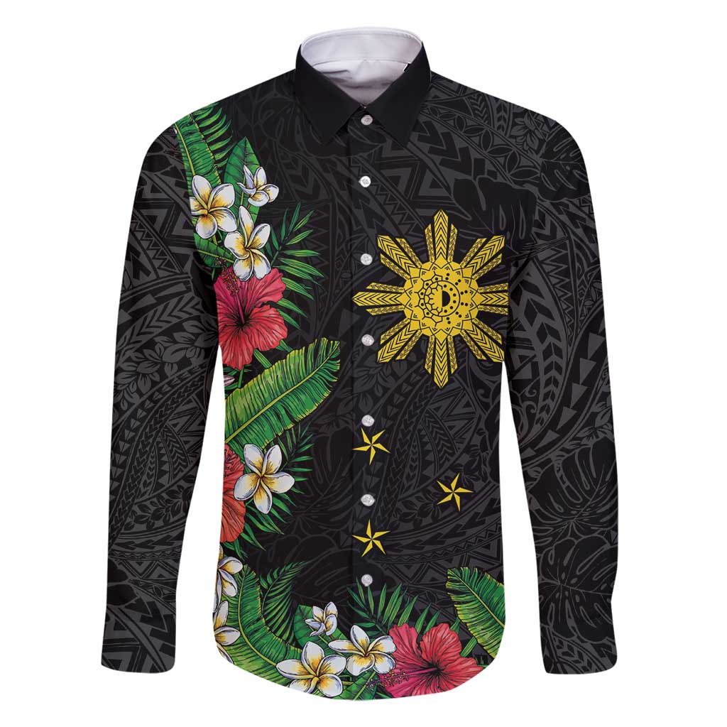 Tropical Hawaii and Philippines Family Matching Mermaid Dress and Hawaiian Shirt Kanaka Maoli and Sun Badge Batok Tattoo Colorful LT03 Dad's Shirt - Long Sleeve Black - Polynesian Pride