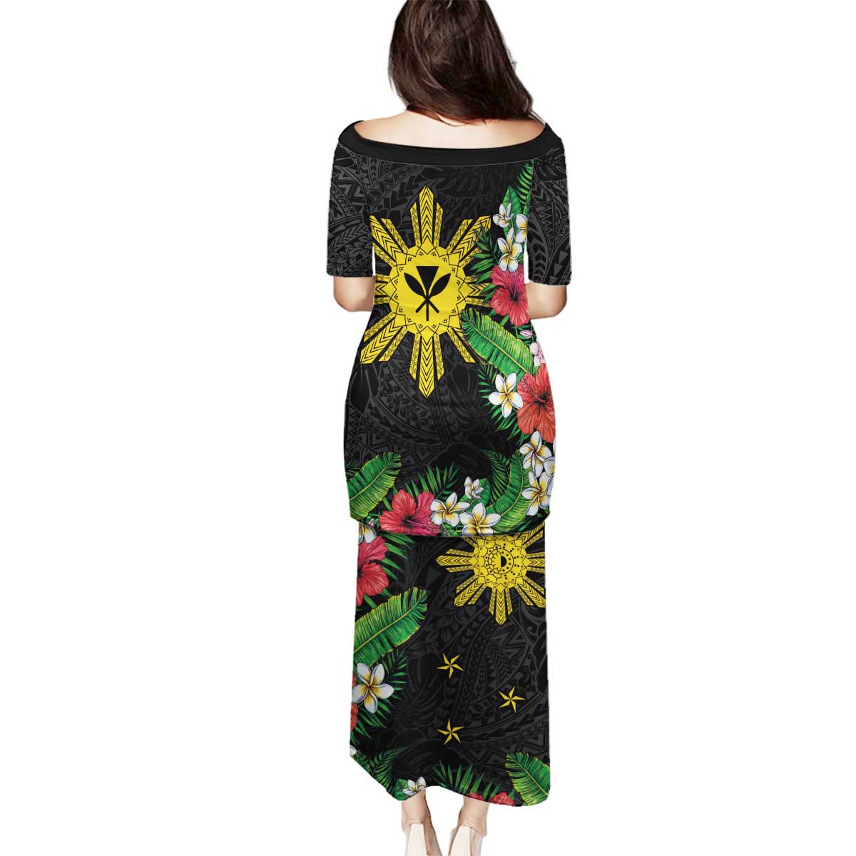 Tropical Hawaii and Philippines Family Matching Puletasi and Hawaiian Shirt Kanaka Maoli and Sun Badge Batok Tattoo Colorful