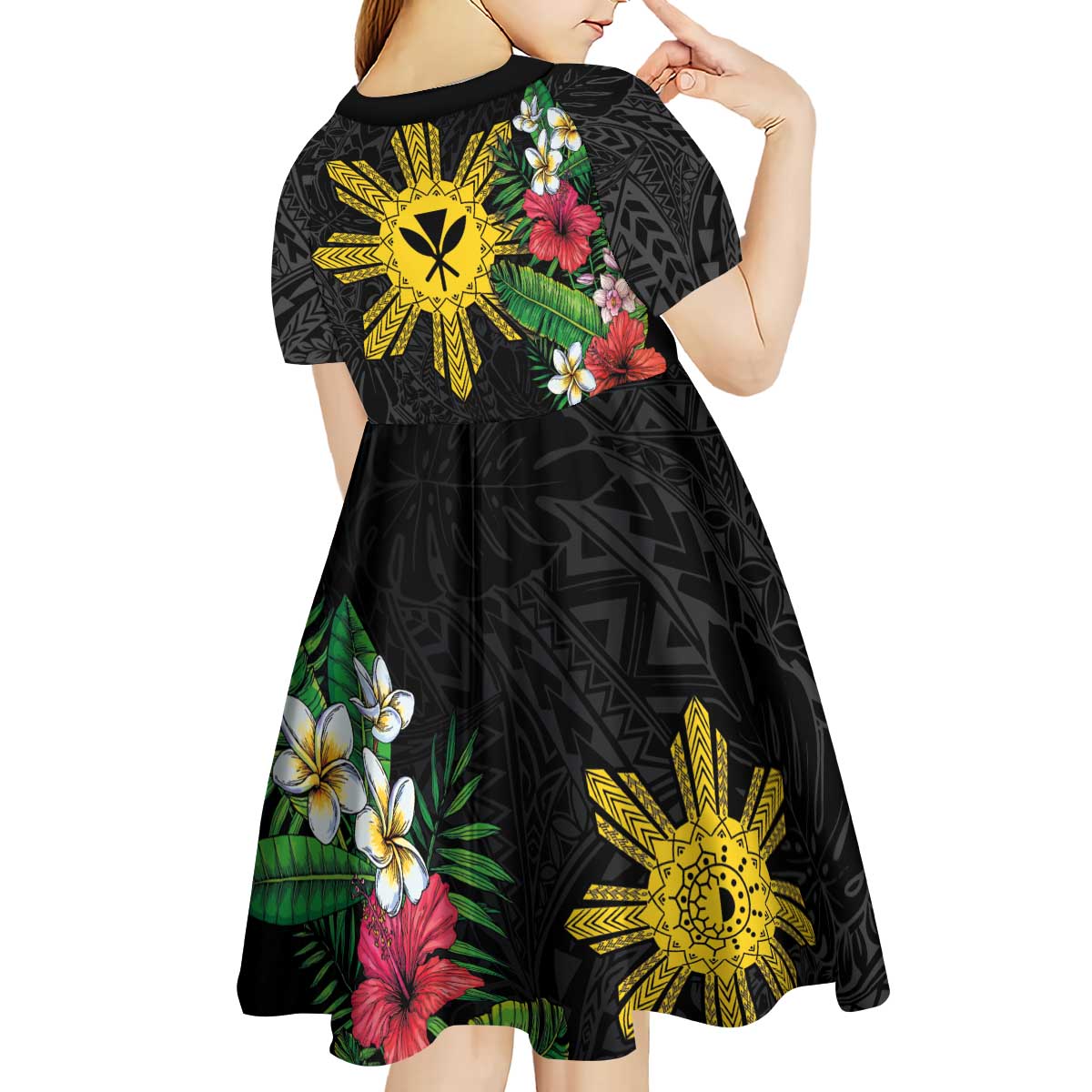 Tropical Hawaii and Philippines Kid Short Sleeve Dress Kanaka Maoli and Sun Badge Batok Tattoo Colorful