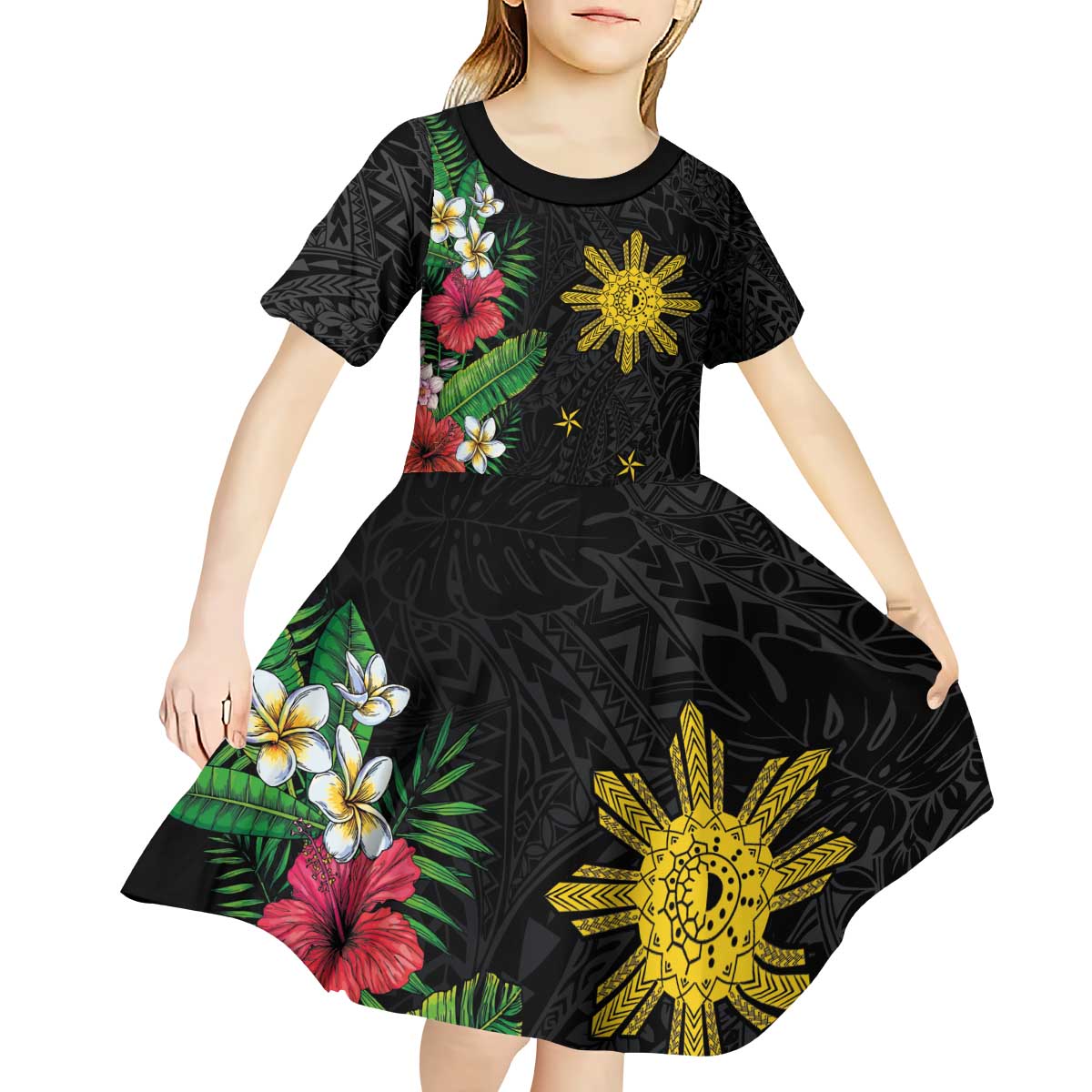 Tropical Hawaii and Philippines Kid Short Sleeve Dress Kanaka Maoli and Sun Badge Batok Tattoo Colorful
