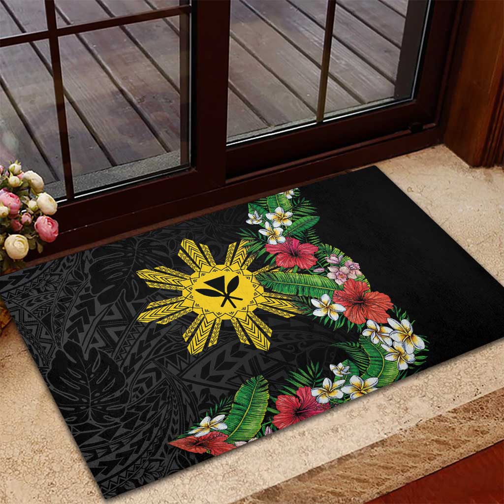 Tropical Hawaii and Philippines Rubber Doormat Kanaka Maoli and Sun Badge Batok Tattoo Colorful