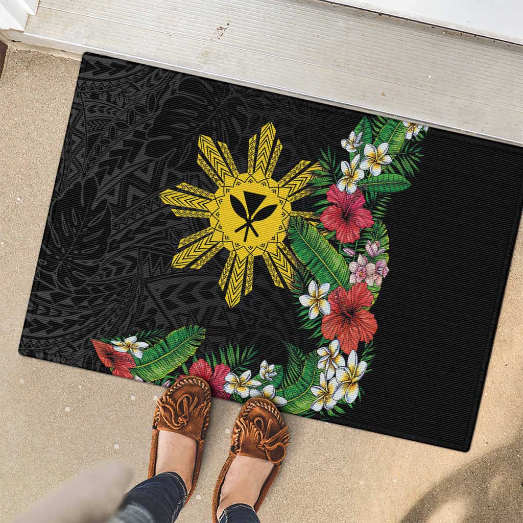 Tropical Hawaii and Philippines Rubber Doormat Kanaka Maoli and Sun Badge Batok Tattoo Colorful