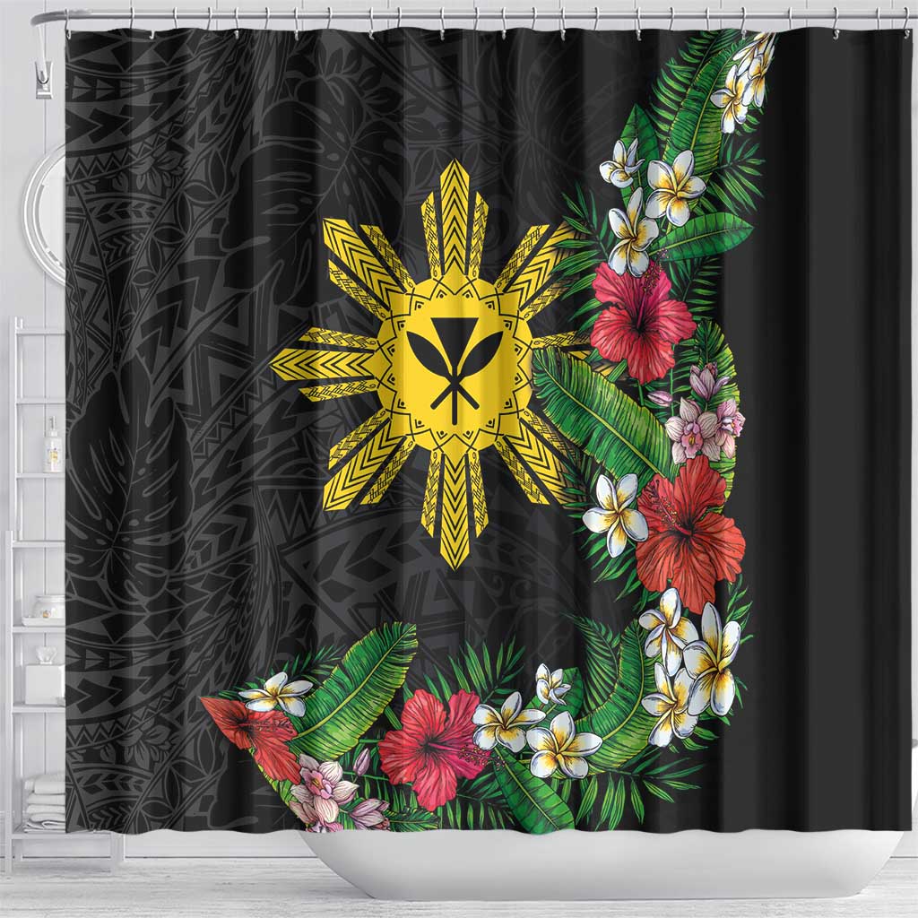Tropical Hawaii and Philippines Shower Curtain Kanaka Maoli and Sun Badge Batok Tattoo Colorful