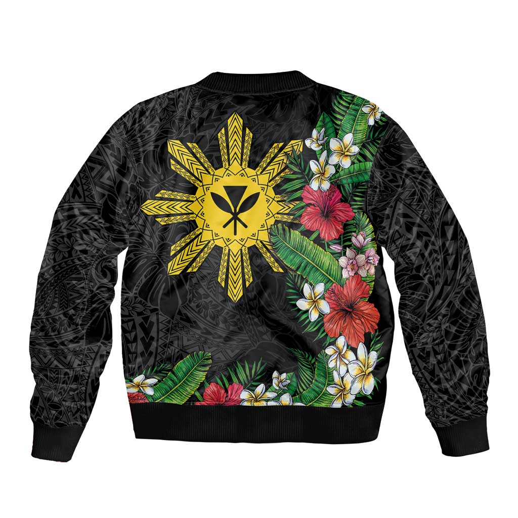 Tropical Hawaii and Philippines Sleeve Zip Bomber Jacket Kanaka Maoli and Sun Badge Batok Tattoo Colorful