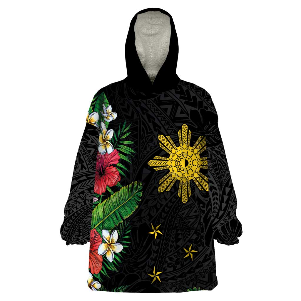 Tropical Hawaii and Philippines Wearable Blanket Hoodie Kanaka Maoli and Sun Badge Batok Tattoo Colorful